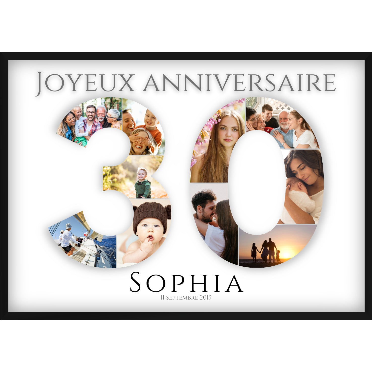 Collage photos 30ème anniversaire – Poster personnalisé avec photos & prénom | Cadeau pour 30ème anniversaire